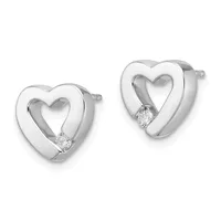 A pair of silver heart-shaped stud earrings, each featuring a cutout heart design with a small diamond accent at the bottom.