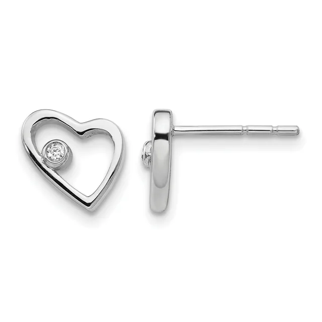 Pair of silver heart-shaped stud earrings with a small round diamond or cubic zirconia stone set off-center, shown from front and side views.