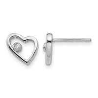 Pair of silver heart-shaped stud earrings with a small round diamond or cubic zirconia stone set off-center, shown from front and side views.