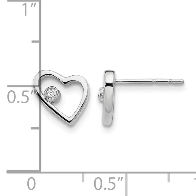 Pair of silver heart stud earrings with a small diamond accent, shown front and back view with measurement scale indicating approximately half inch height.