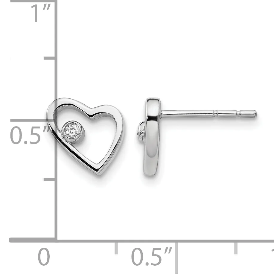 Pair of silver heart stud earrings with a small diamond accent, shown front and back view with measurement scale indicating approximately half inch height.