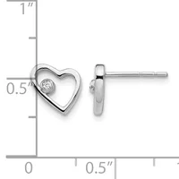 Pair of silver heart stud earrings with a small diamond accent, shown front and back view with measurement scale indicating approximately half inch height.