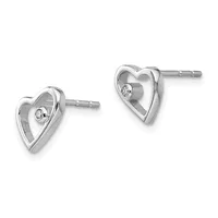 A pair of silver heart-shaped stud earrings with small round diamonds set in the center, displayed against a white background.