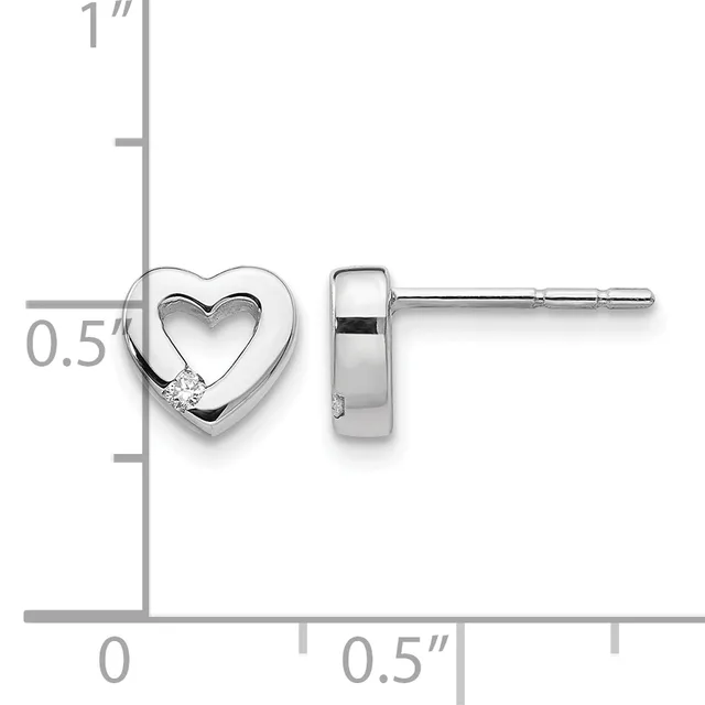 Silver heart stud earrings with cutout centers and small diamond accents, shown front and side view with measurement scale indicating approximately 0.5 inch height.