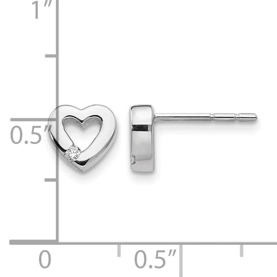 Silver heart stud earrings with cutout centers and small diamond accents, shown front and side view with measurement scale indicating approximately 0.5 inch height.