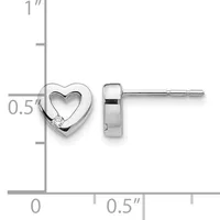 Silver heart stud earrings with cutout centers and small diamond accents, shown front and side view with measurement scale indicating approximately 0.5 inch height.