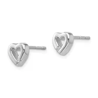 Pair of silver heart-shaped stud earrings with cutout centers and small diamond accents, shown front and back.