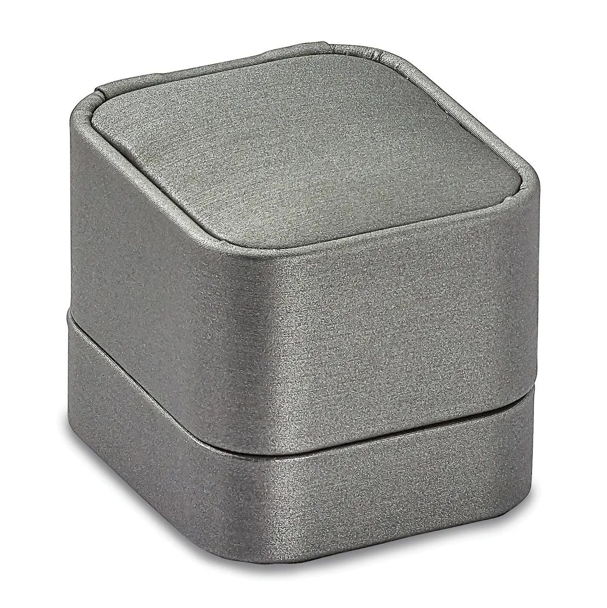 A gray textured square jewelry box with rounded corners and a hinged lid, shown closed at a three-quarter angle.
