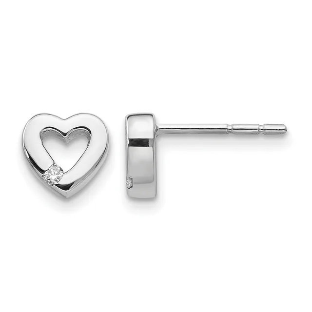 A pair of silver heart-shaped stud earrings with a cutout heart design and a small diamond accent on each earring, shown from front and side views.