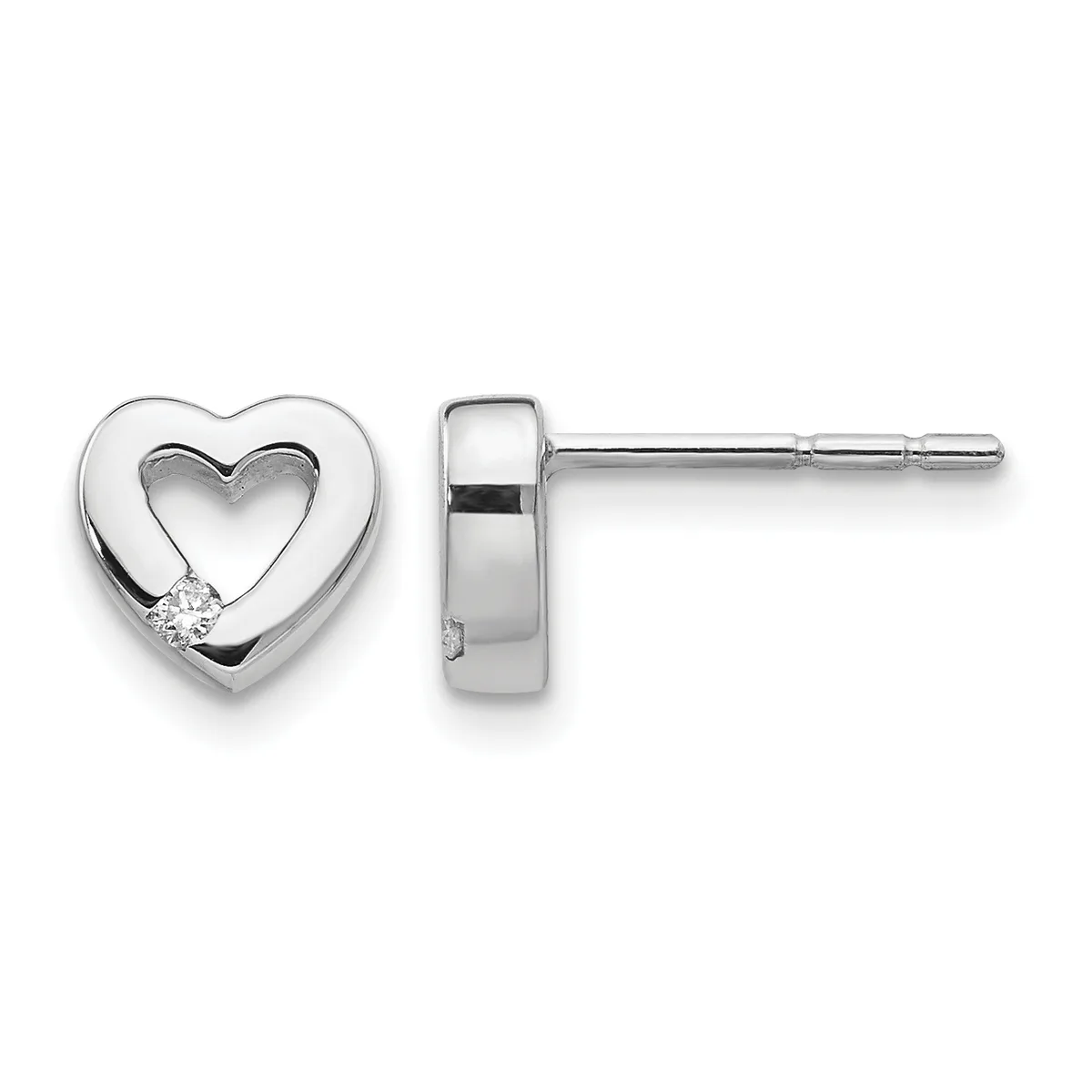 A pair of silver heart-shaped stud earrings with a cutout heart design and a small diamond accent on each earring, shown from front and side views.