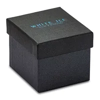 A black textured square box with a fitted lid, shown closed at a three-quarter angle against a white background.