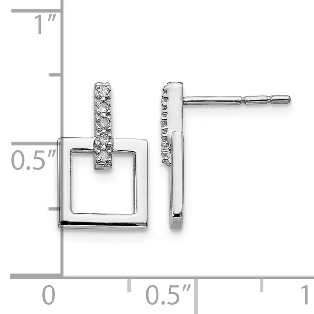 Pair of sterling silver square drop earrings with diamond-set vertical bar details, shown front and side view with measurement scale.