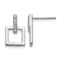 A pair of silver square stud earrings with diamond-accented vertical bars suspended from the top, shown from front and side views.