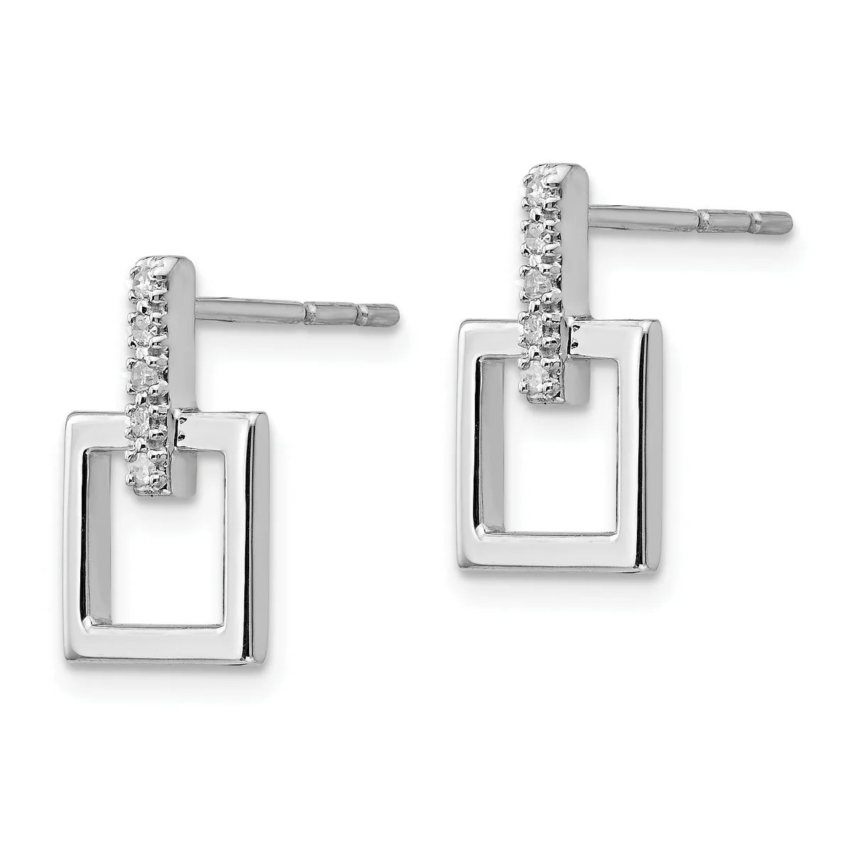 Pair of silver rectangular drop earrings with diamond-studded vertical bars and open square frames, shown from the front.