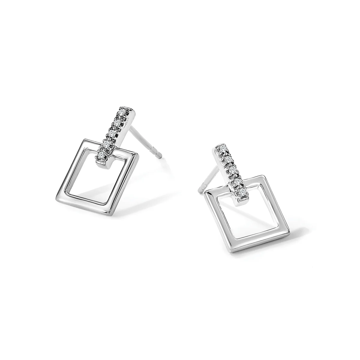 Pair of silver square drop earrings with diamond-set bars on posts, displayed at angles against a white background.