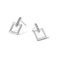 Pair of silver square drop earrings with diamond-set bars on posts, displayed at angles against a white background.