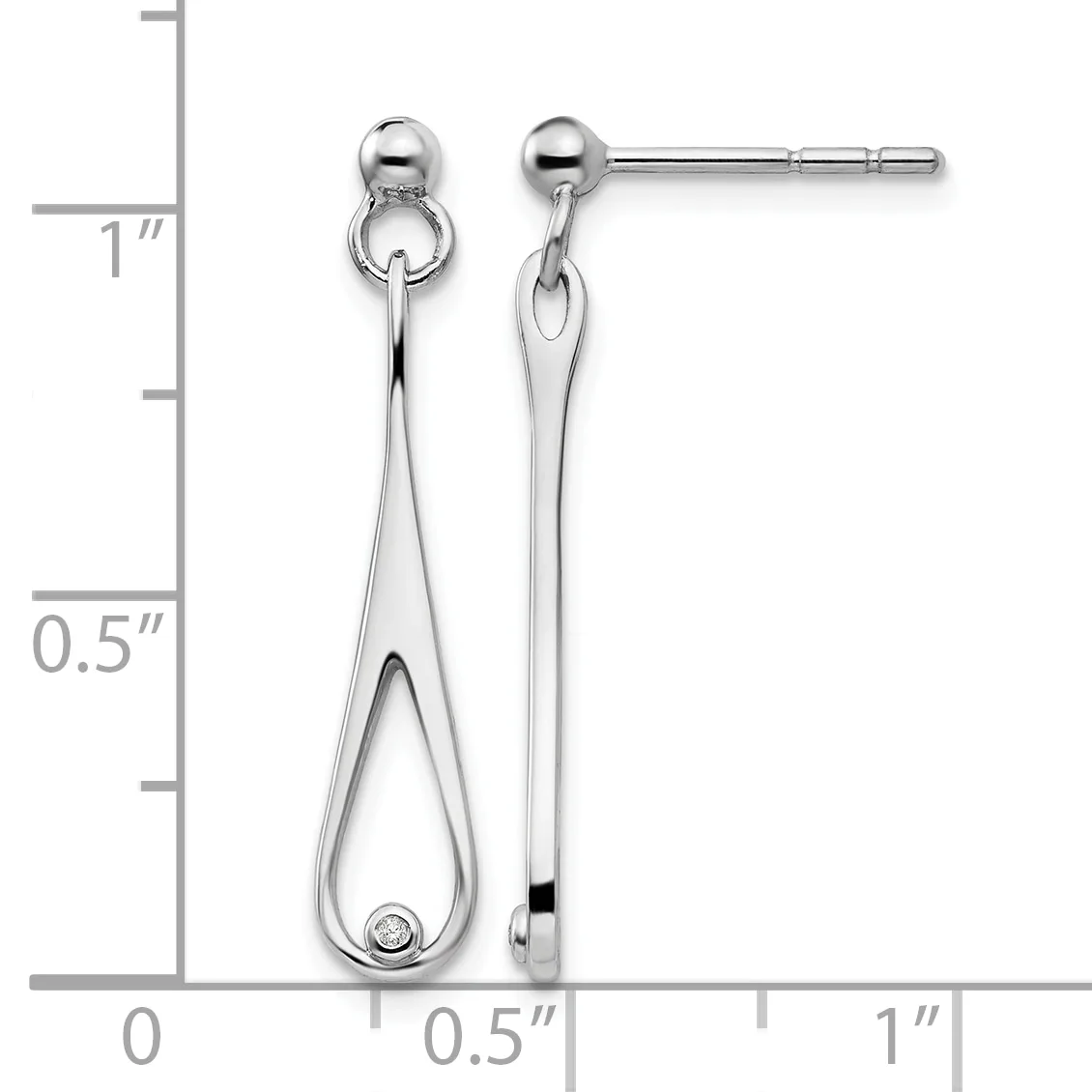 A pair of silver teardrop earrings with ball studs, shown next to a measurement ruler indicating approximately one inch in length.