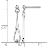 A pair of silver teardrop earrings with ball studs, shown next to a measurement ruler indicating approximately one inch in length.