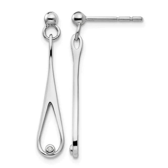 Pair of silver drop earrings with ball posts, featuring elongated teardrop-shaped pendants with small diamond accents at the bottom, shown from front and side views.