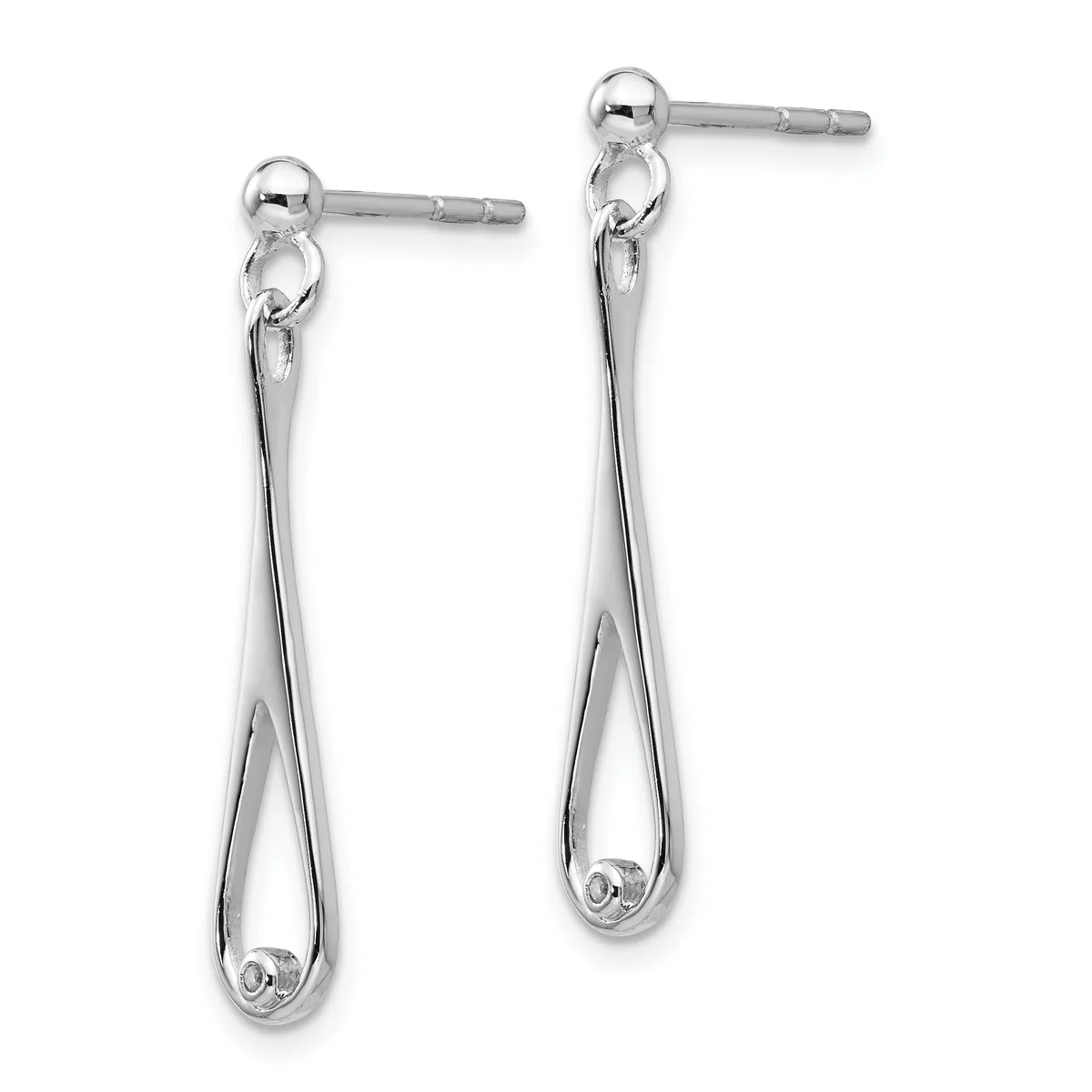 A pair of polished silver teardrop earrings with ball posts and backs, displayed against a white background.