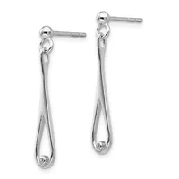 A pair of polished silver teardrop earrings with ball posts and backs, displayed against a white background.