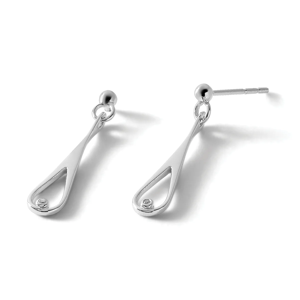 A pair of silver teardrop drop earrings with stud posts, each featuring a polished teardrop shape with a small diamond accent at the base, shown against a white background.