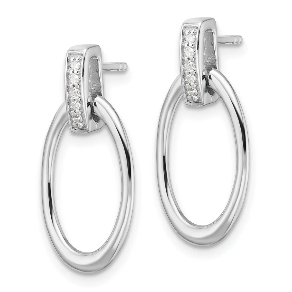 Pair of silver oval hoop earrings with diamond-set rectangular posts and polished tubing, shown from the front.