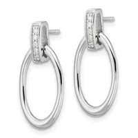 Pair of silver oval hoop earrings with diamond-set rectangular posts and polished tubing, shown from the front.