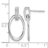 Silver oval dangle earrings with diamond-set rectangular tops and post backs, shown next to a ruler measuring approximately one inch in length.