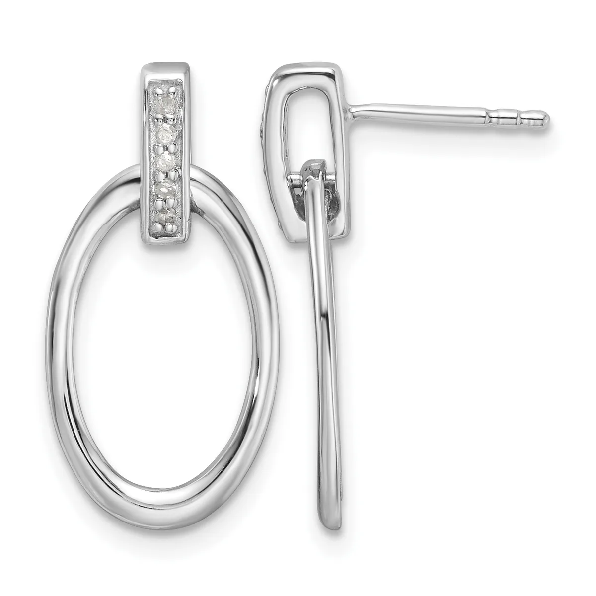 A pair of silver oval drop earrings with diamond accents on the rectangular posts, shown from the front and side view.