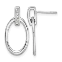 A pair of silver oval drop earrings with diamond accents on the rectangular posts, shown from the front and side view.