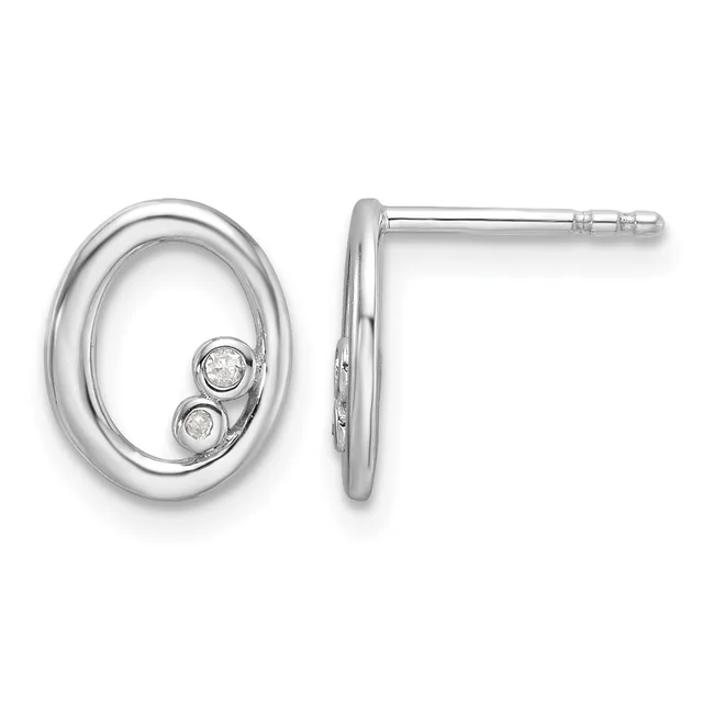 Pair of polished silver oval stud earrings with two small round diamonds set inside each oval frame, shown from front and side view.