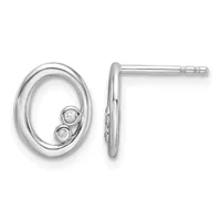 Pair of polished silver oval stud earrings with two small round diamonds set inside each oval frame, shown from front and side view.