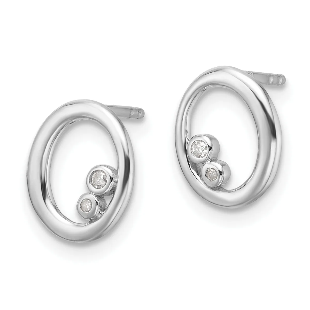 A pair of polished silver oval hoop earrings with small diamond accents positioned inside each loop, shown against a white background.
