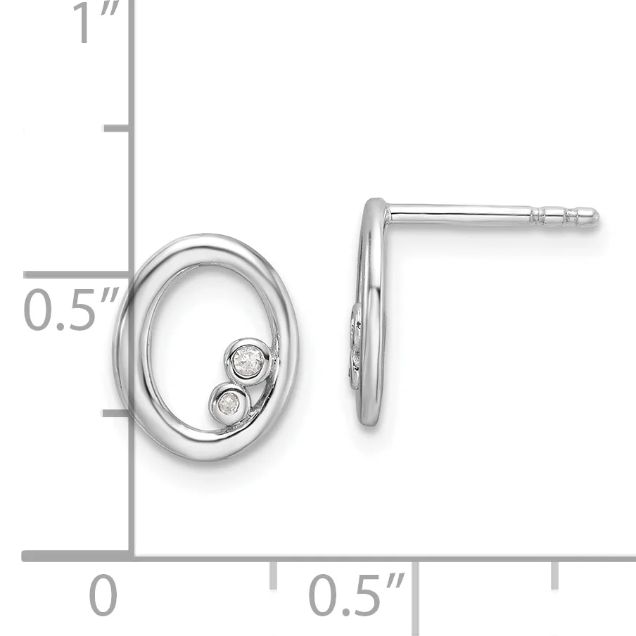 Silver oval stud earrings with two small round stones set inside each oval, shown with a measurement scale indicating approximately one inch tall and half inch wide.