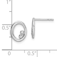 Silver oval stud earrings with two small round stones set inside each oval, shown with a measurement scale indicating approximately one inch tall and half inch wide.