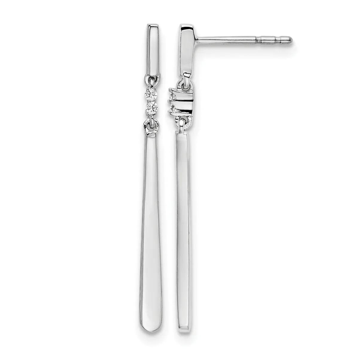 Pair of long silver drop earrings with rectangular posts at the top and dangling rectangular bars adorned with small round crystals.