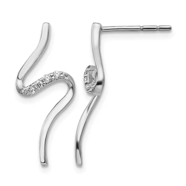 Pair of silver curved drop earrings with diamond accents on the upper curved section, shown from front and side views with post and clutch backs.