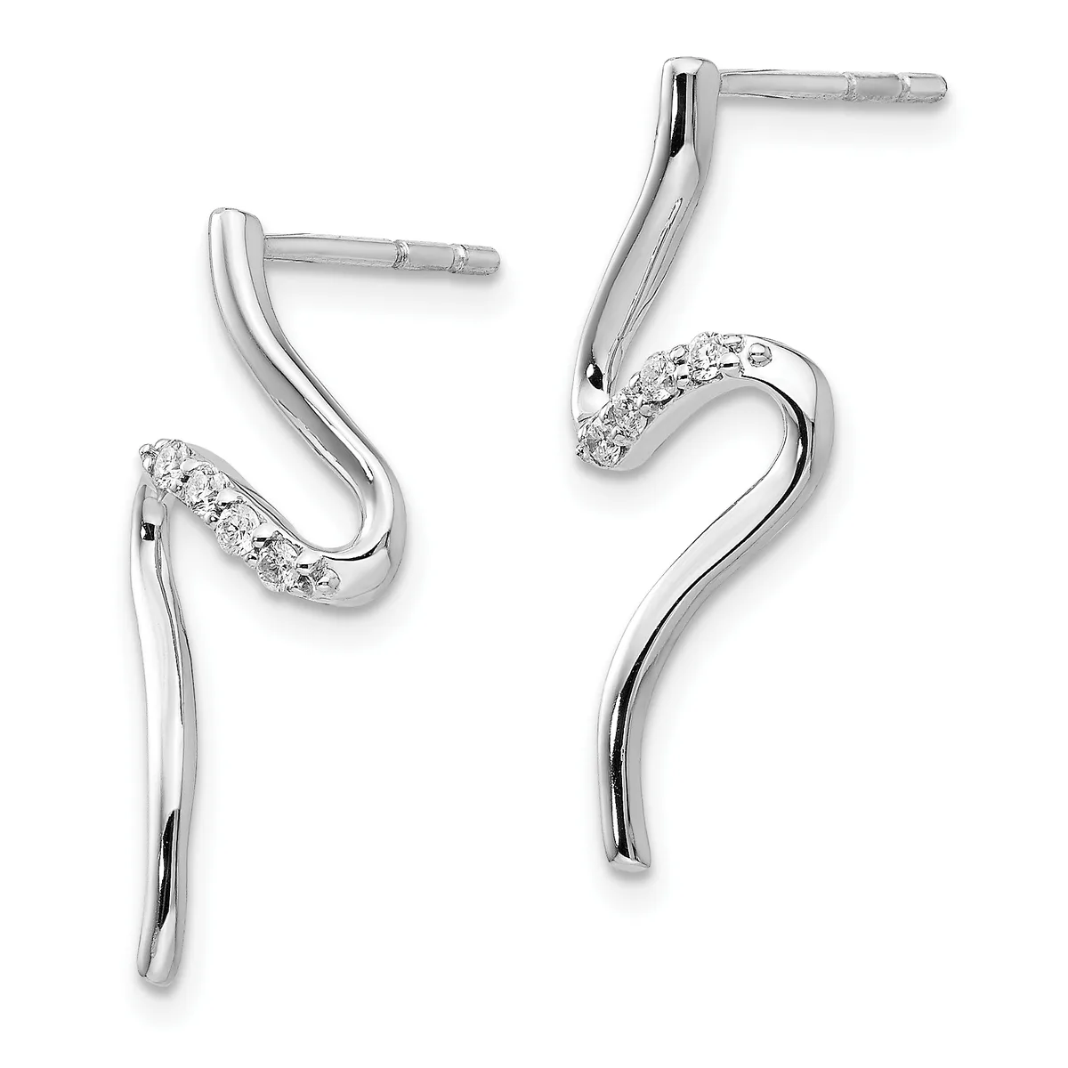 A pair of silver curved hook earrings with diamond accents on the upper loops, displayed against a white background.