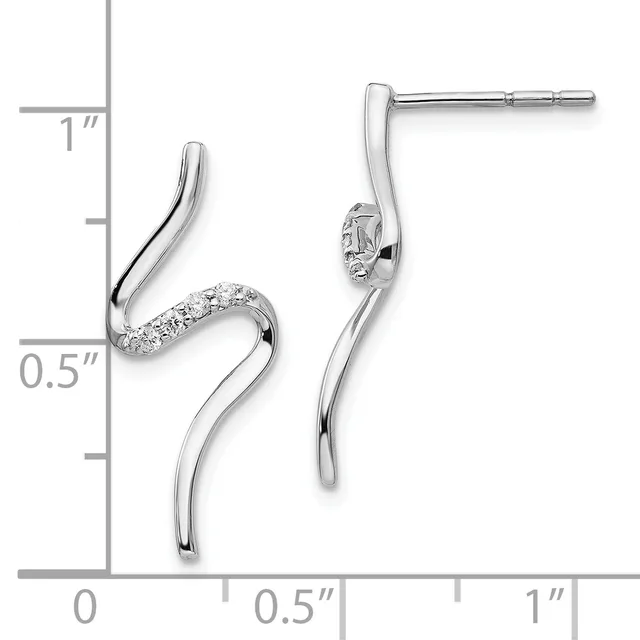Silver curved drop earrings with diamond accents on the upper loop, shown with a measurement scale indicating approximately one inch in length.