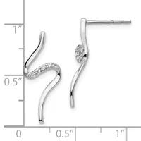 Silver curved drop earrings with diamond accents on the upper loop, shown with a measurement scale indicating approximately one inch in length.