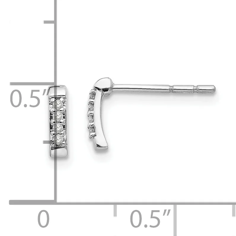 A pair of white metal stud earrings with rows of round diamonds set vertically, shown from front and side views with a measurement scale indicating approximately 0.5 inches in length.