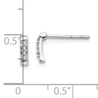 A pair of white metal stud earrings with rows of round diamonds set vertically, shown from front and side views with a measurement scale indicating approximately 0.5 inches in length.
