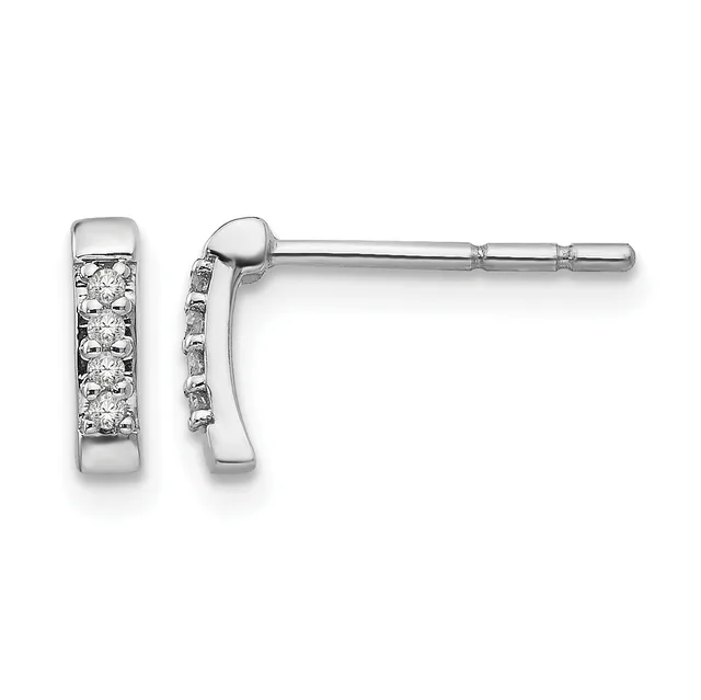 A pair of white metal stud earrings with rectangular designs featuring a row of round diamonds set vertically, displayed against a white background.