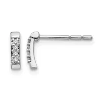 A pair of white metal stud earrings with rectangular designs featuring a row of round diamonds set vertically, displayed against a white background.