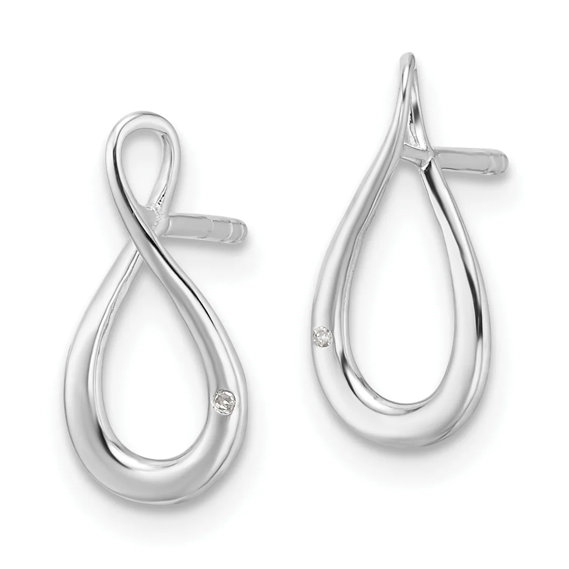 A pair of polished silver teardrop earrings with twisted ribbon details and small diamond accents, shown from the front against a white background.
