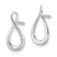 A pair of polished silver teardrop earrings with twisted ribbon details and small diamond accents, shown from the front against a white background.