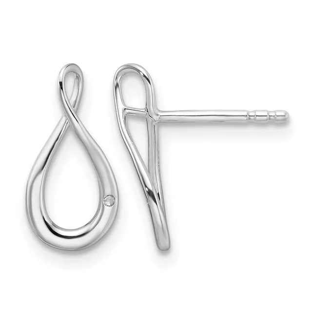 A pair of polished silver teardrop-shaped stud earrings with posts, shown from front and side view.