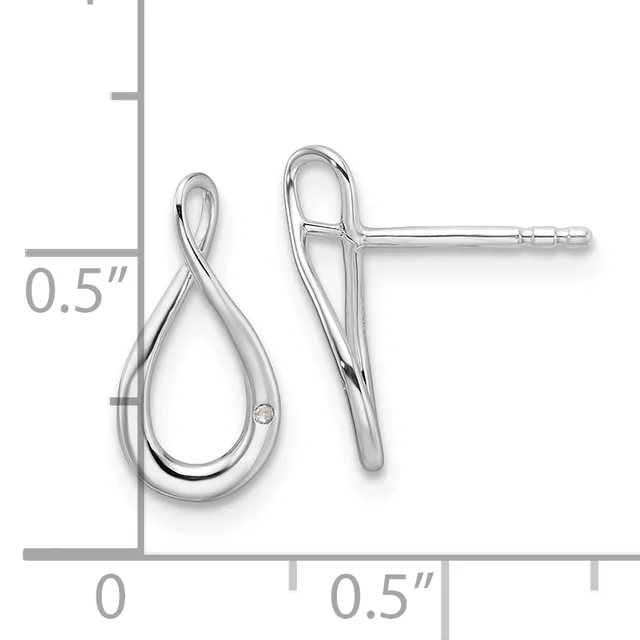A pair of silver teardrop-shaped stud earrings with twisted details and small stones, shown with a ruler indicating they measure approximately 0.5 inches in height.