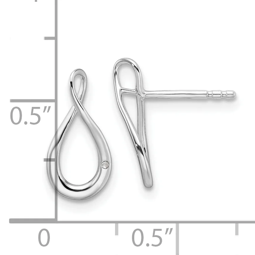 A pair of silver teardrop-shaped stud earrings with twisted details and small stones, shown with a ruler indicating they measure approximately 0.5 inches in height.